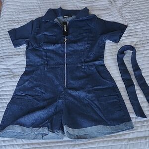Allegra K Blue Denim Women Chambray Romper